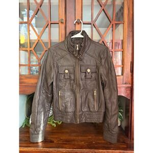 Baby Phat Womens Brown Genuine Leather Moto Jacket Quilted Y2K Size M